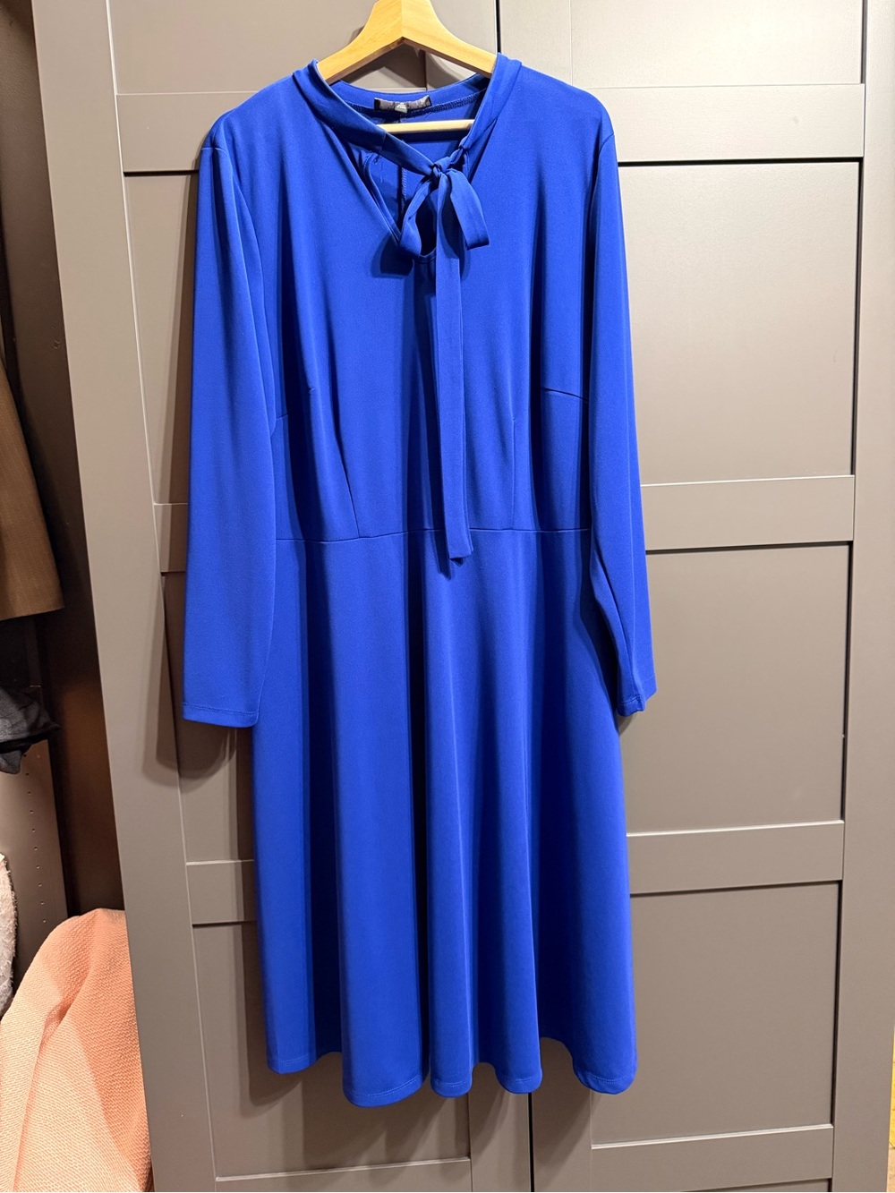 Elloquii Women's Blue Tie-Neck Long Sleeve Dress
